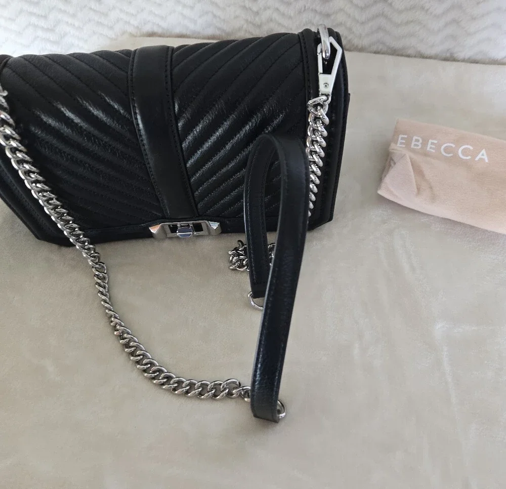 NWT Rebecca Minkoff Black Quilted Leather Crossbody with Silver Chain - Picture 7 of 9